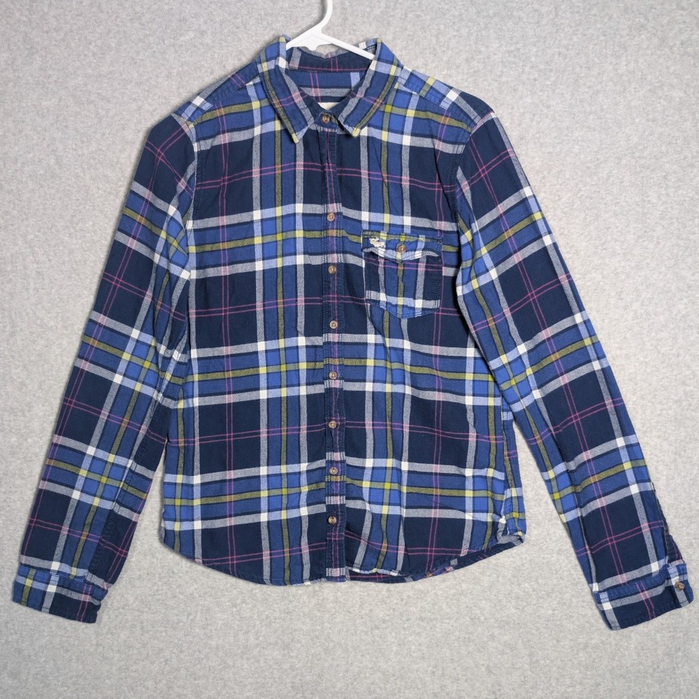 Abercrombie & Fitch Womens Large Blue Plaid Button Up Cotton Shirt Flannel Cabin